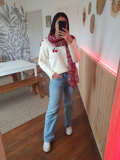 Foulard bordeaux avec pompons femme printemps