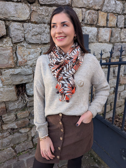 Foulard feuilles papyrus terracotta chocolat avec pompons