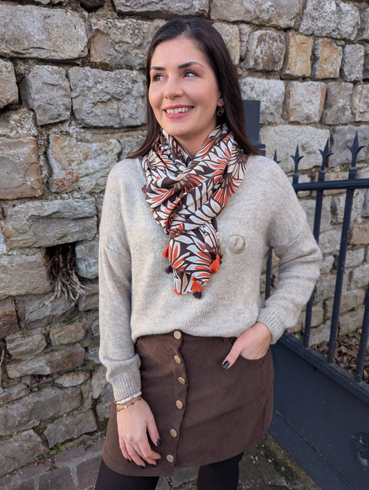 Foulard feuilles papyrus terracotta chocolat avec pompons