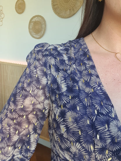 Robe longue manches longues pour femme bleu marine beige