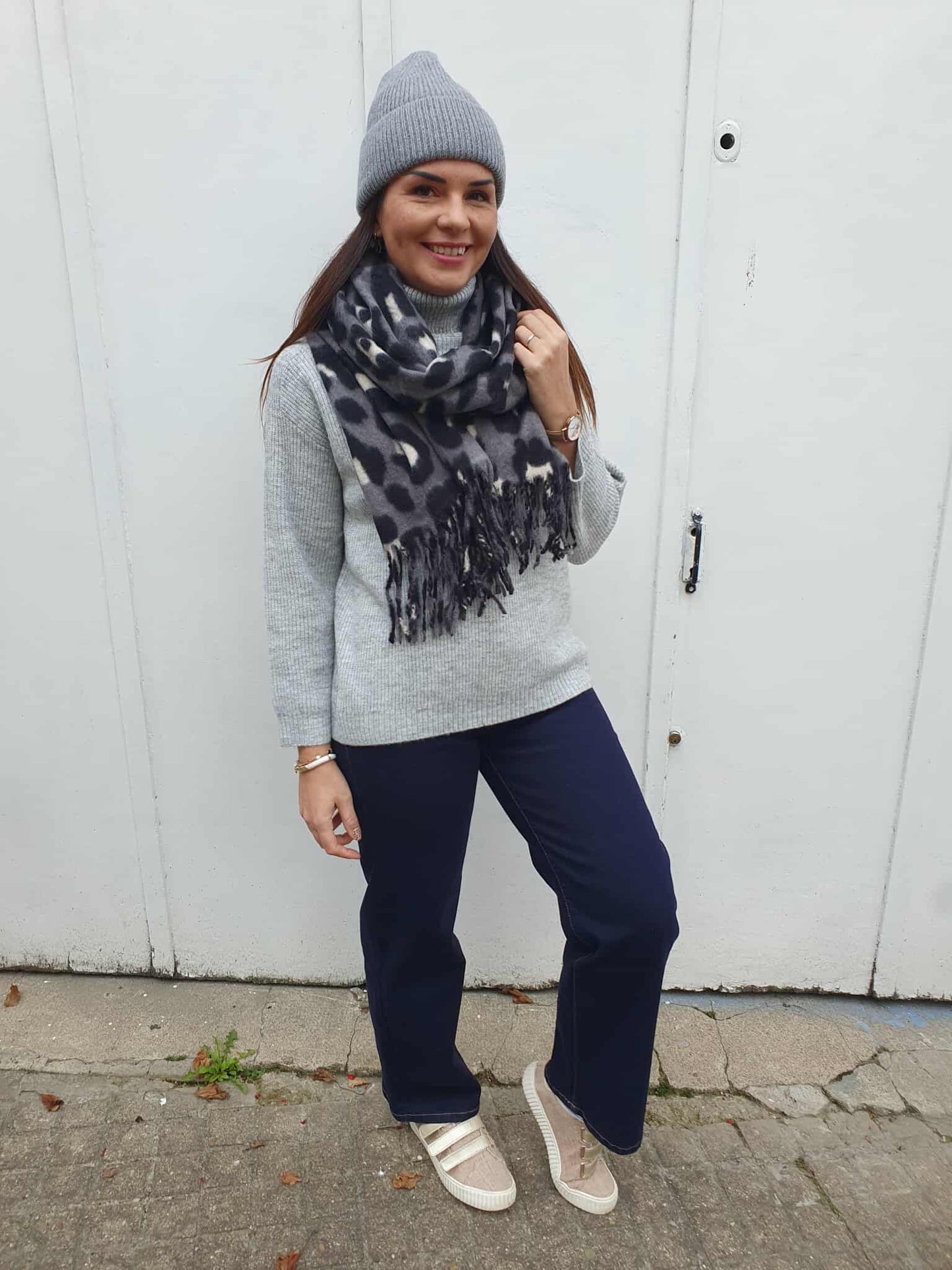 Echarpe épaisse léopard gris pour femme franges