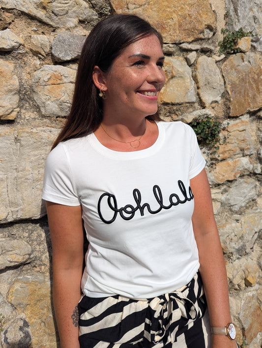T-shirt OOHLALA blanc et noir stretch col rond