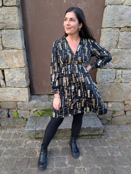 Robe de fêtes noir et beige camel manches longues