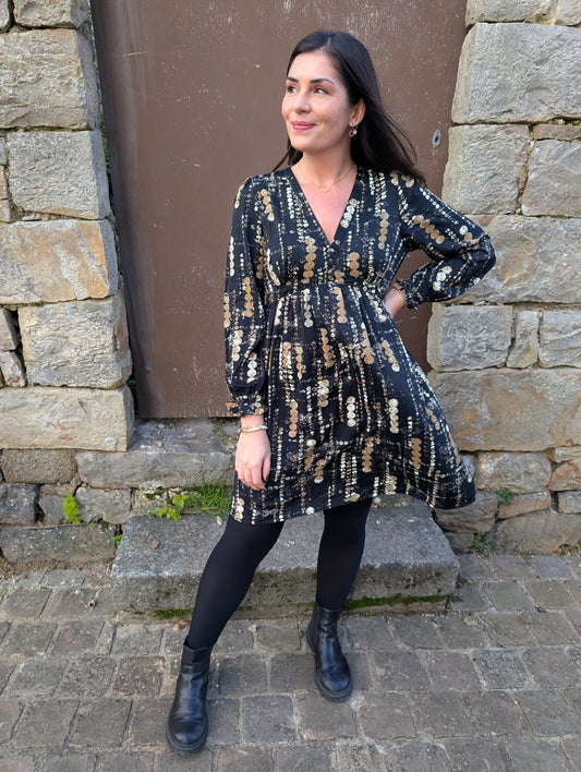 Robe de fêtes noir et beige camel manches longues