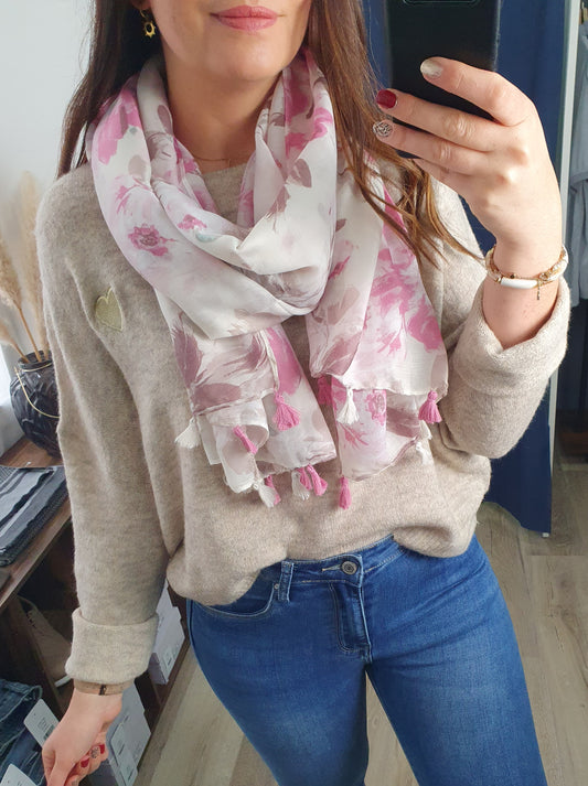Foulard fleurs rose vert d'eau et blanc avec pompons