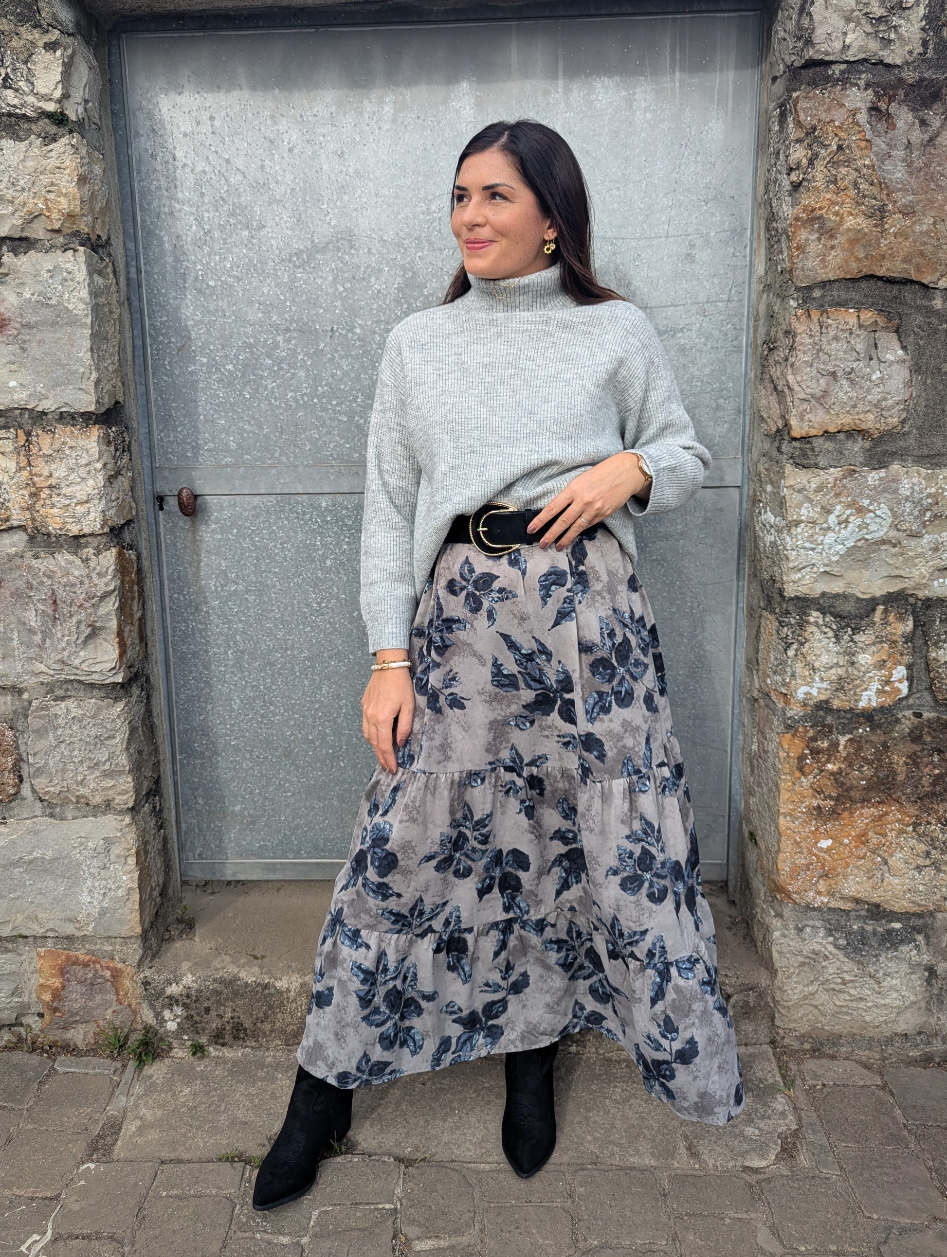 Robe longue feuilles gris beige automne hiver femme