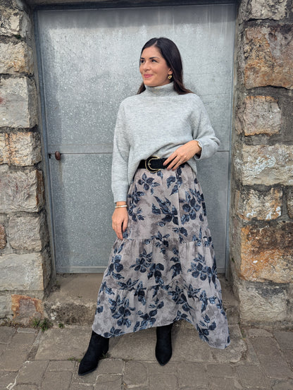 Robe longue feuilles gris beige automne hiver femme