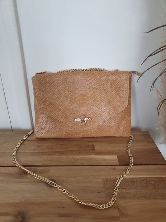 Sac en cuir italien effet croco couleur beige abeille dorée