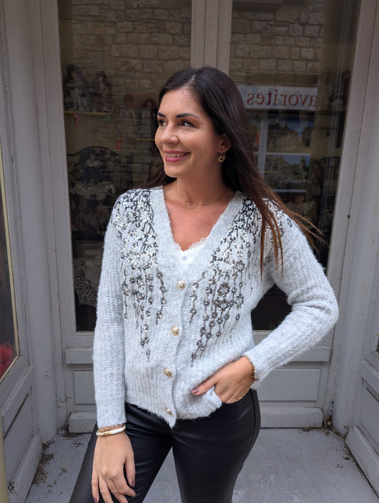 Gilet cardigan gilet femme gris et sequins argentés