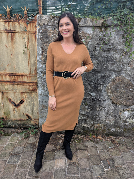 Robe pull camel marron col en V stretch moulante