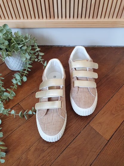 Baskets beige lin et doré scratch style vanessa wu pas cher