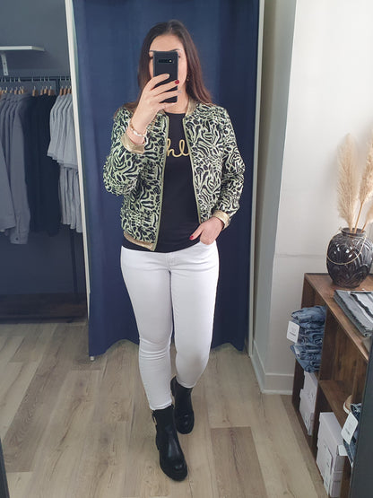 Bomber femme kaki et noir motif panthère détails dorés