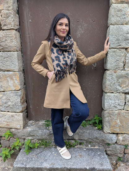 Echarpe épaisse léopard camel avec franges