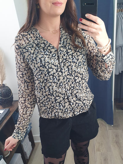 Chemisier fluide femme motif floral noir beige blanc
