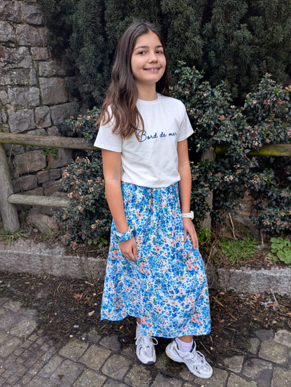Jupe longue fleurie bleu fille avec chouchou assorti