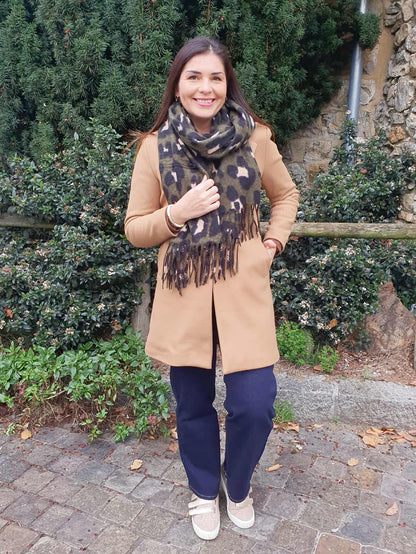 Echarpe épaisse léopard kaki pour femme franges