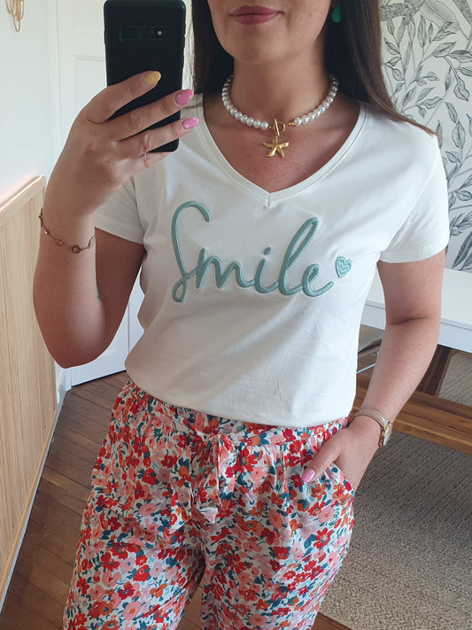 T-shirt Smile blanc et vert d'eau oversize col v pour femme