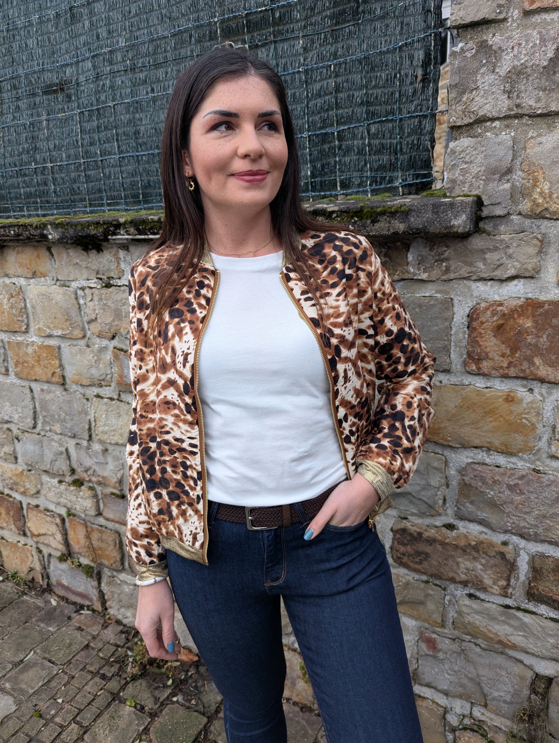 Bomber femme motif panthère marron avec détails dorés