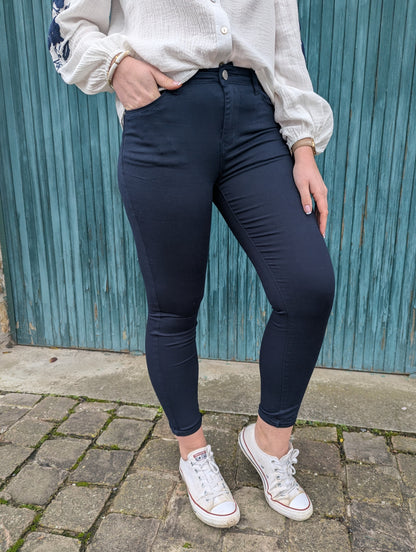 Jean pantalon skinny bleu marine effet peau de pêche