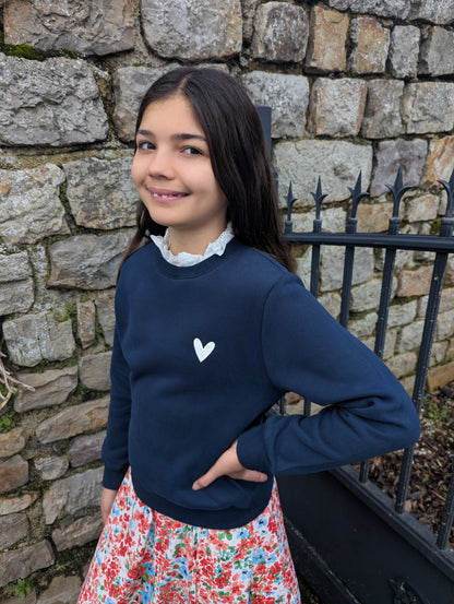 Sweat bleu marine avec col dentelle blanche pour fille