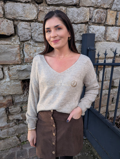 Pull oversize beige chiné et doré rétro