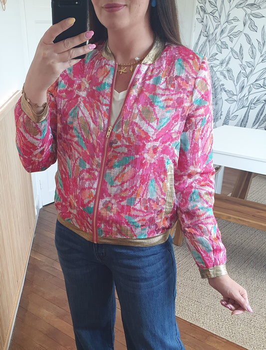 Bomber femme rose multicolore avec détails dorés poches
