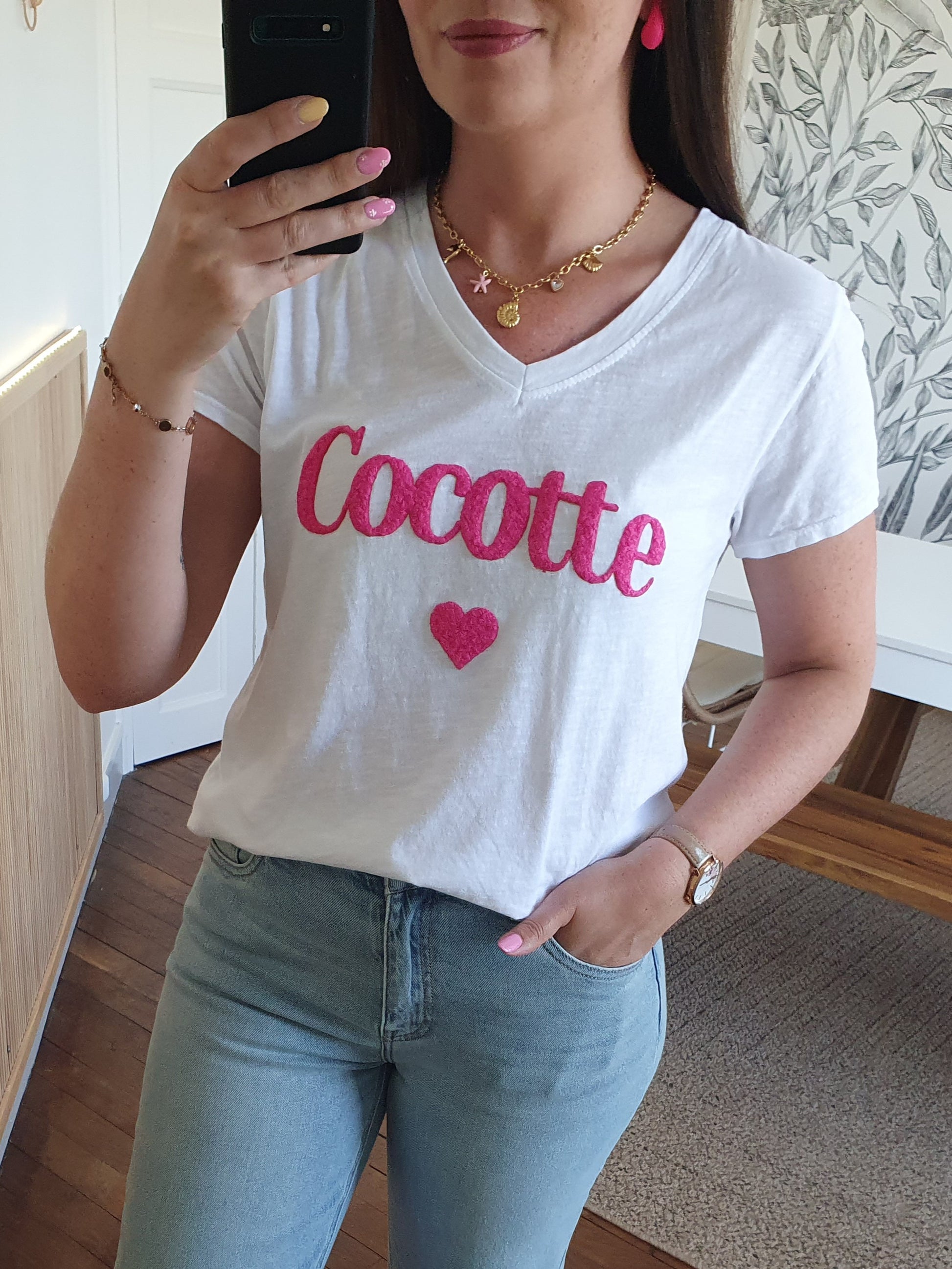 T-shirt cocotte blanc et rose fushia taille unique femme
