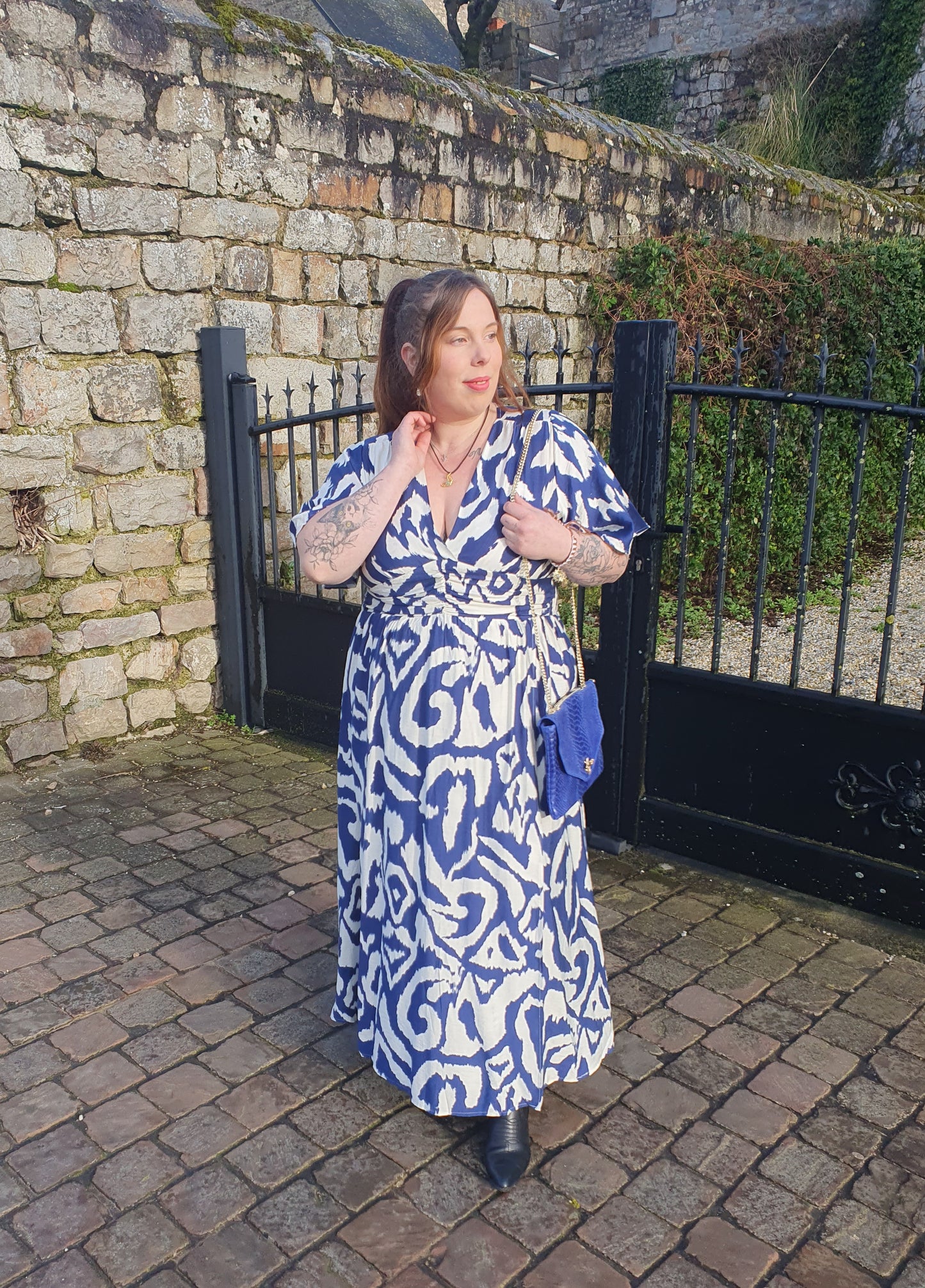 Robe longue effet lin bleu et blanc grande taille curvy