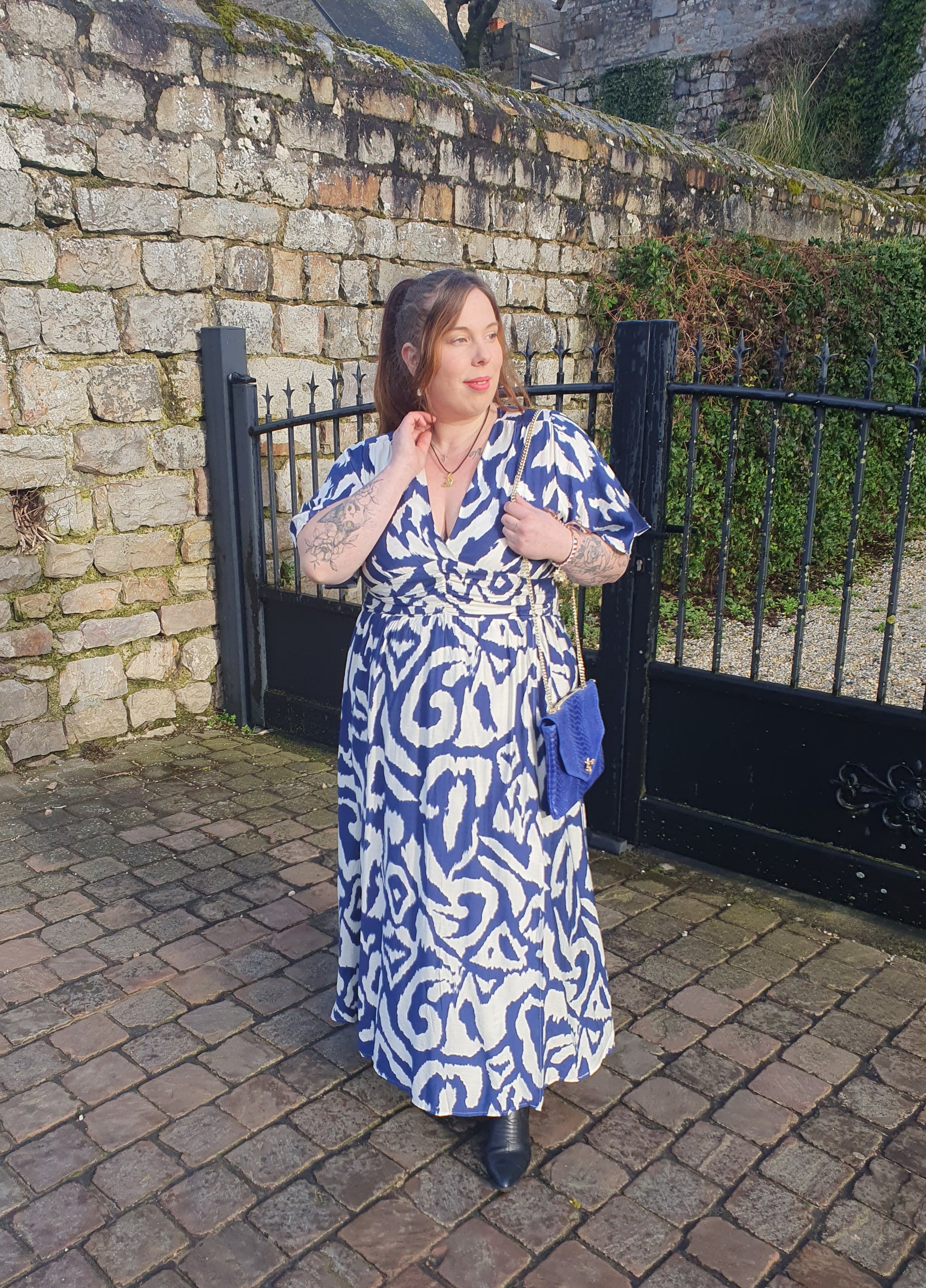 Robe longue effet lin bleu et blanc grande taille curvy