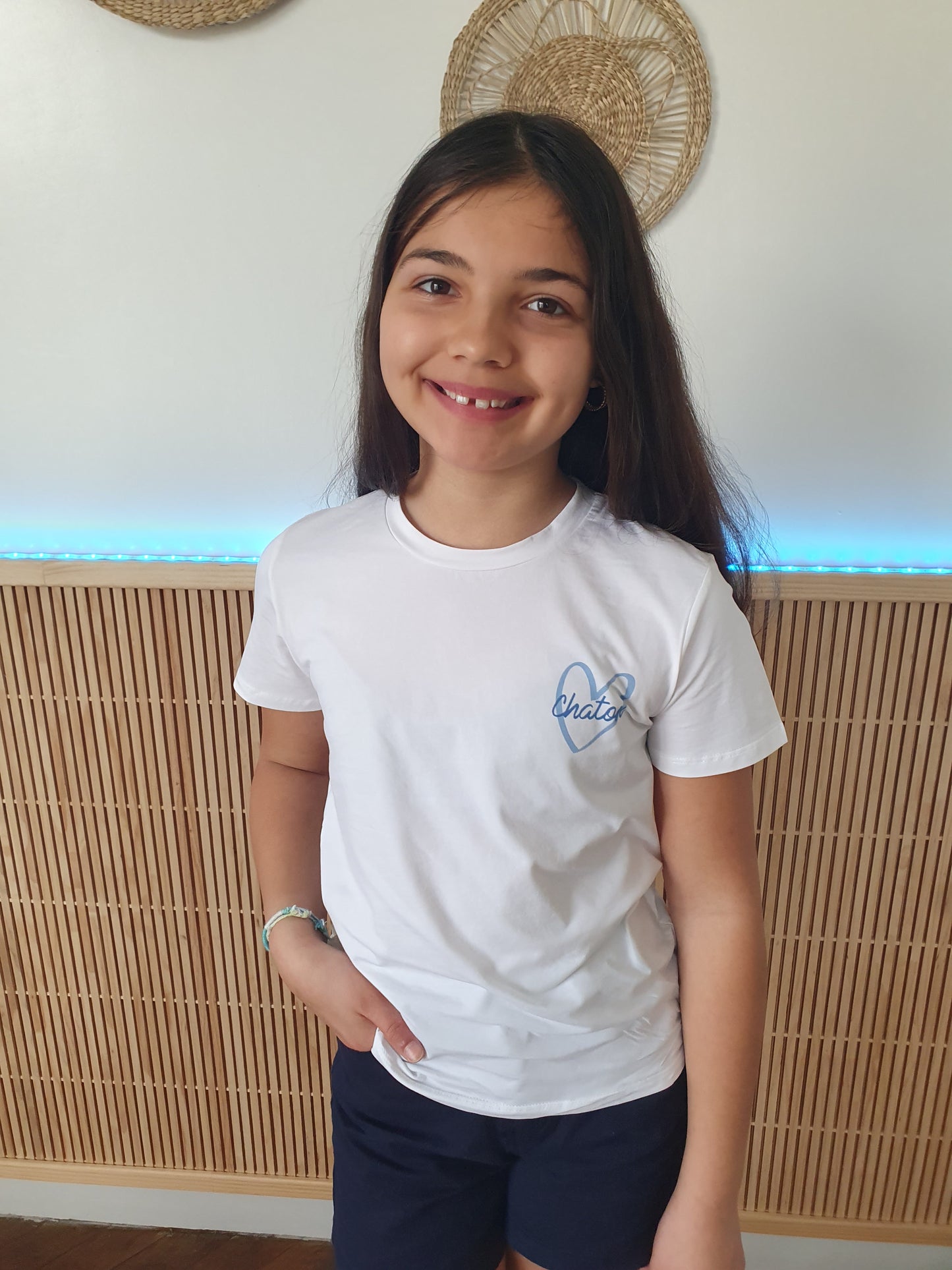 T-shirt enfant chaton blanc et bleu col rond