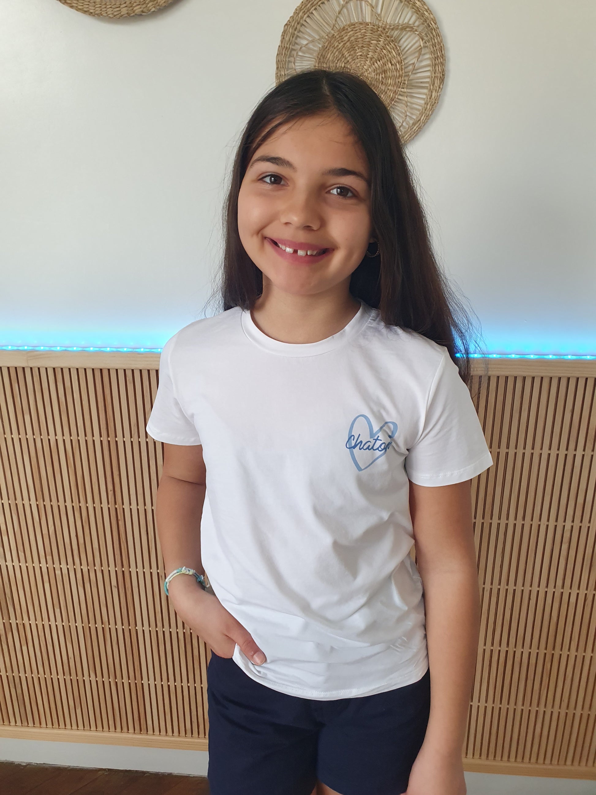 T-shirt enfant chaton blanc et bleu col rond