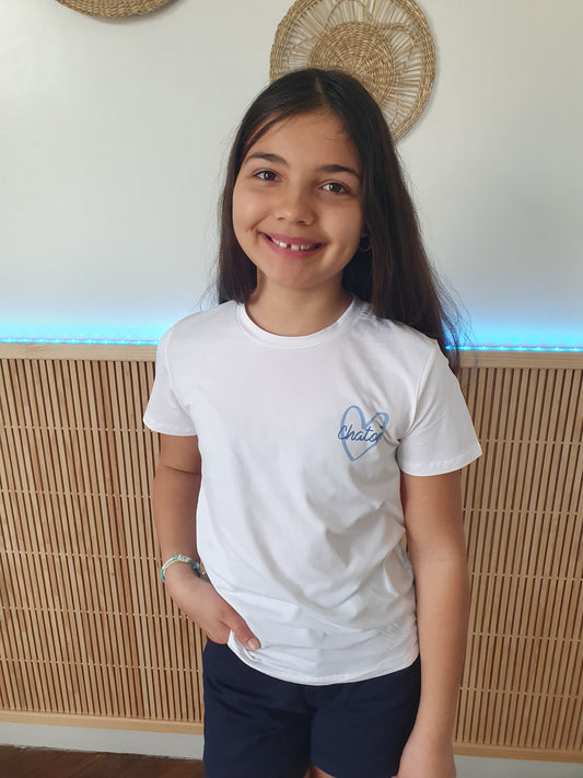 T-shirt enfant chaton blanc et bleu col rond