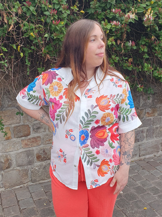 Chemisier imprimé fleurs multicolores en lin grande taille