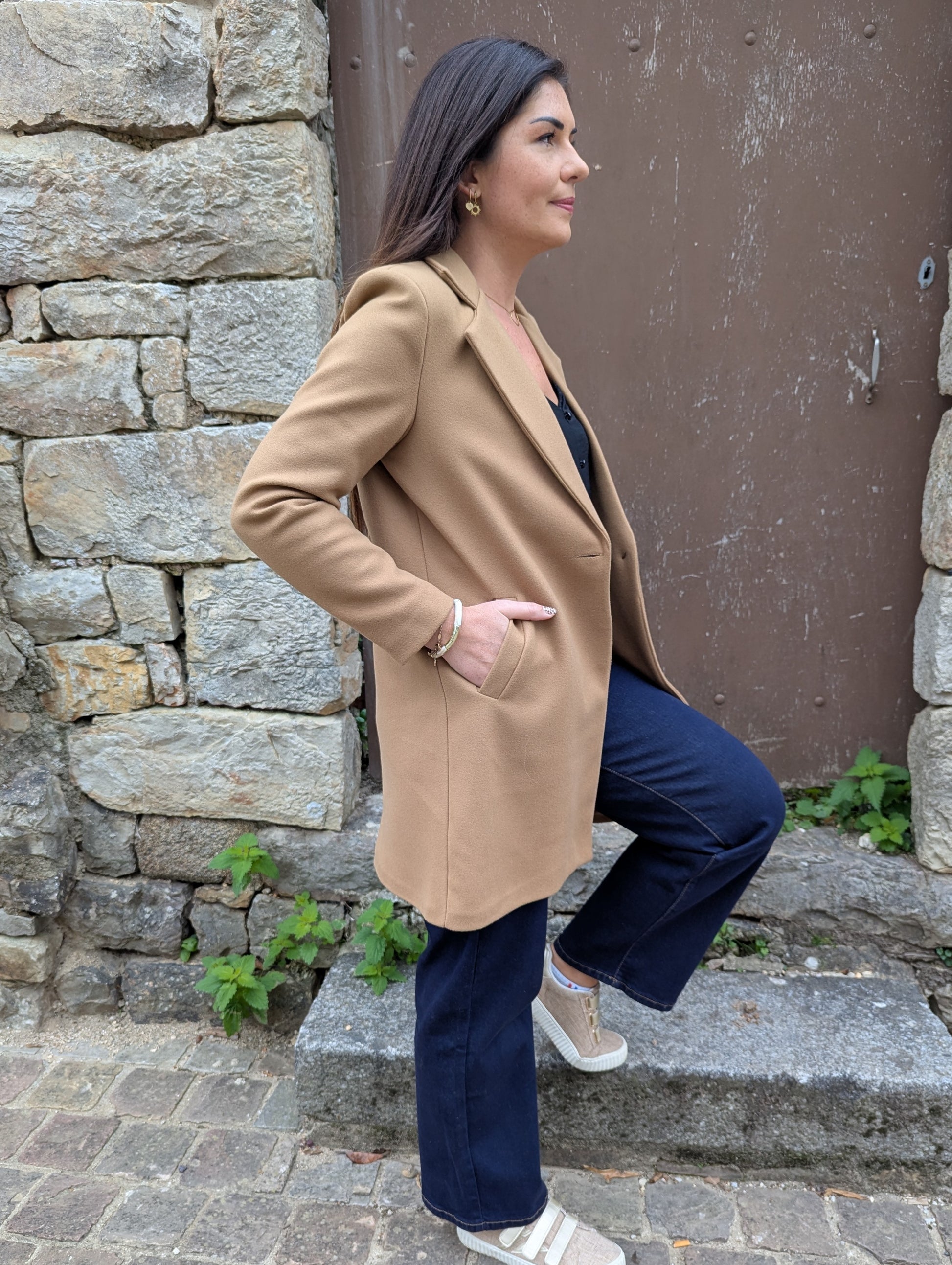 Caban femme camel mi long coupe classique femme