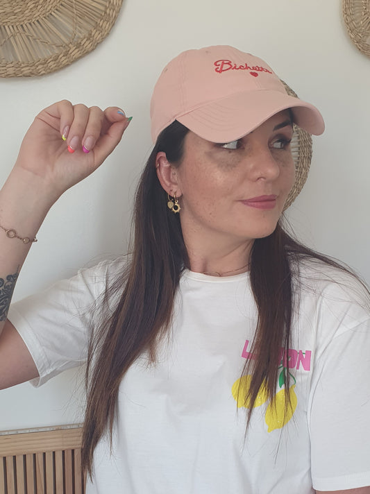 Casquette femme fille rose saumon et rouge coeur bichette