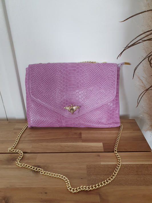 Sac en cuir italien effet croco couleur lilas abeille dorée