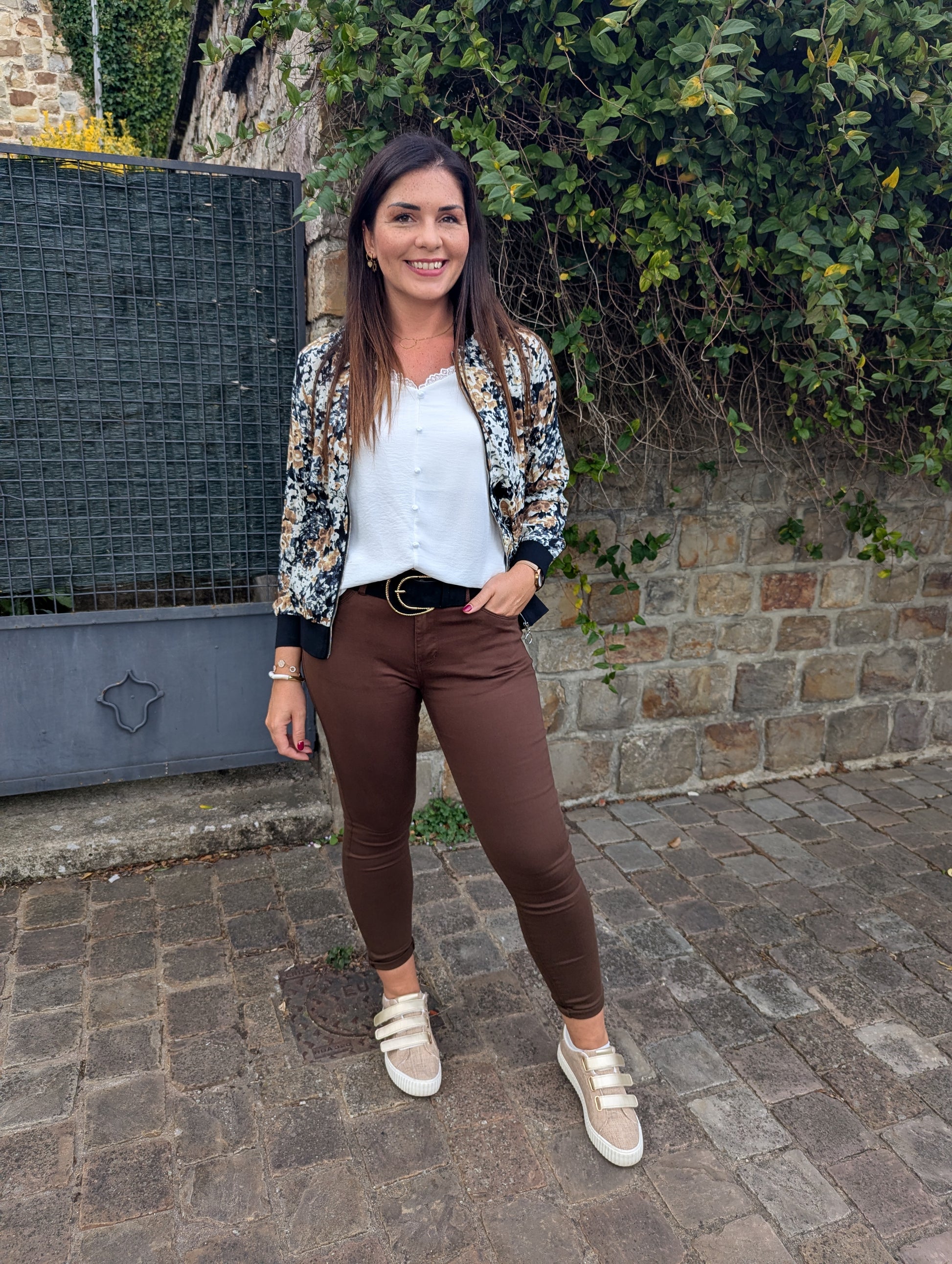 Bomber femme fleurs automne marron noir beige