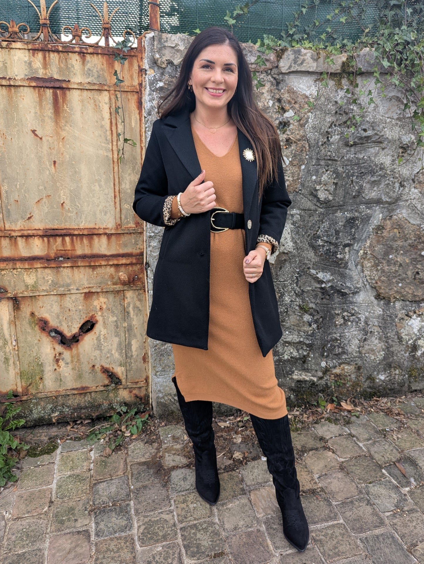 Caban femme noir mi long avec revers manche léopard