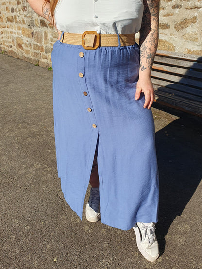 Jupe longue bleu jean avec ceinture paille élastique