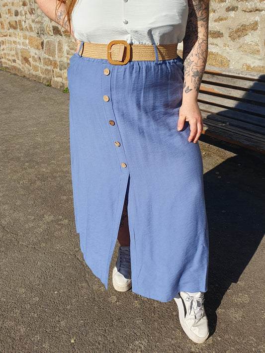 Jupe longue bleu jean avec ceinture paille élastique