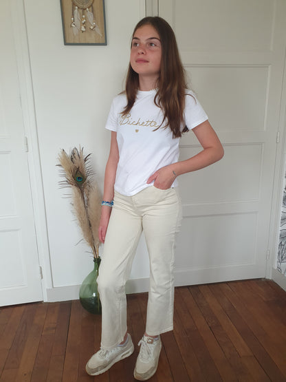 Jean large beige écru avec coeur doré brodé sur poche