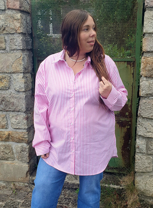 Chemise rayée rose blanc femme grande taille broderie rêves