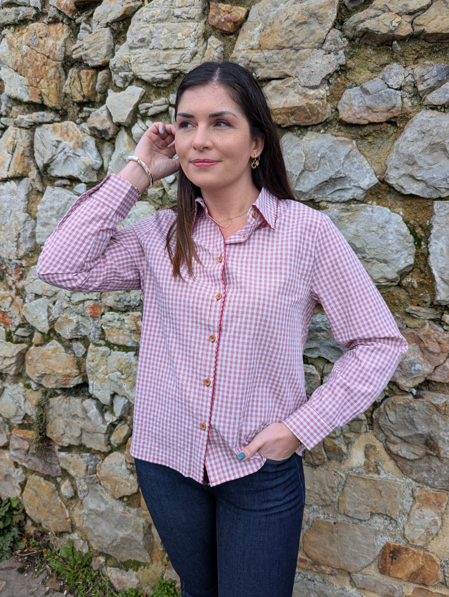 Chemise vichy rouge et blanc à petits carreaux femme