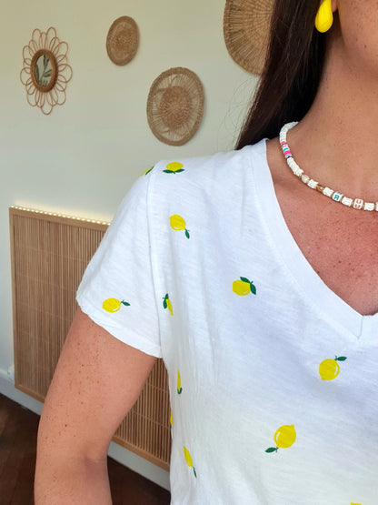 T-shirt citrons col en v femme coton made in italy