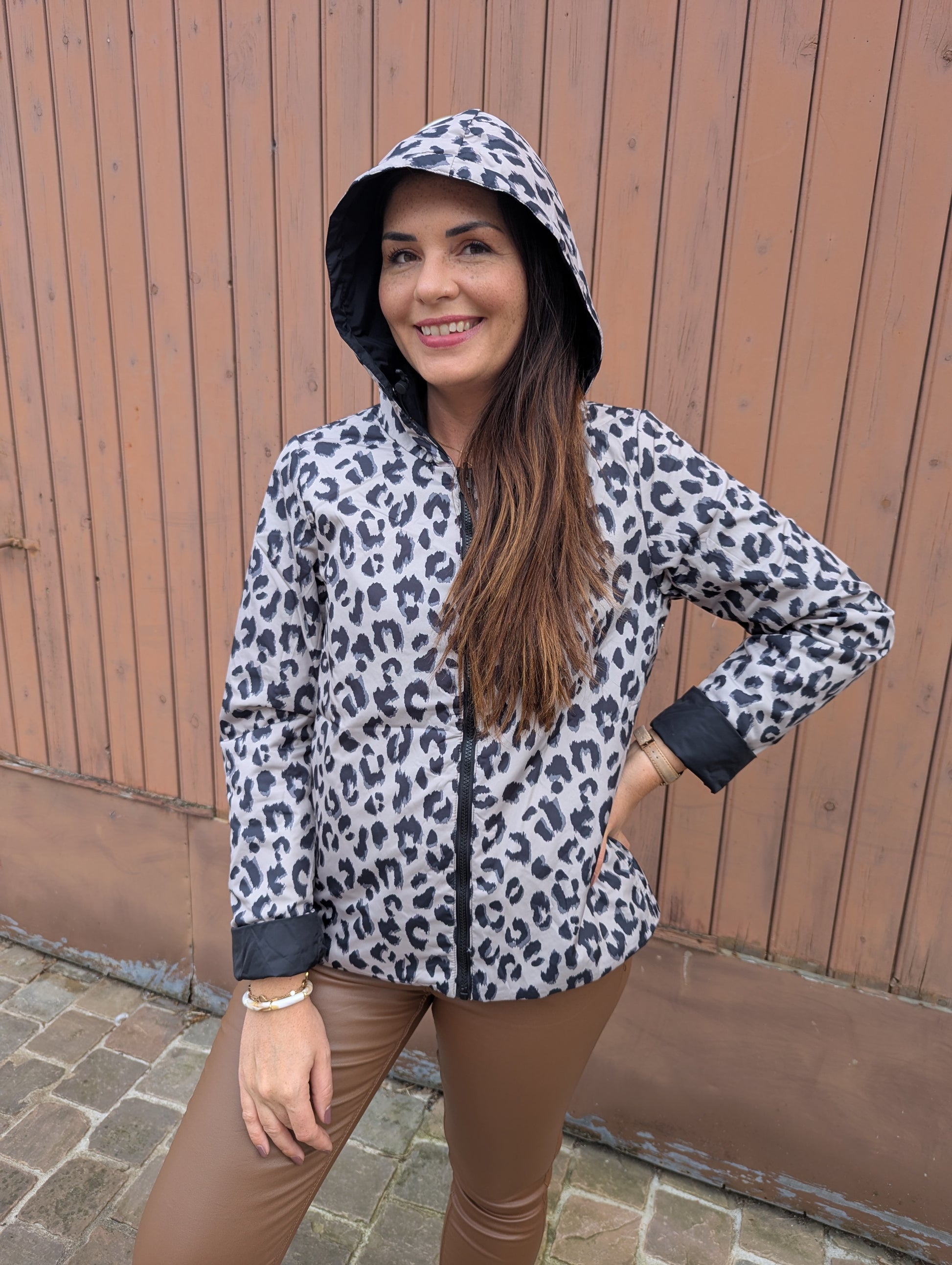 Parka réversible Laura Jo noir imprimé léopard imperméable