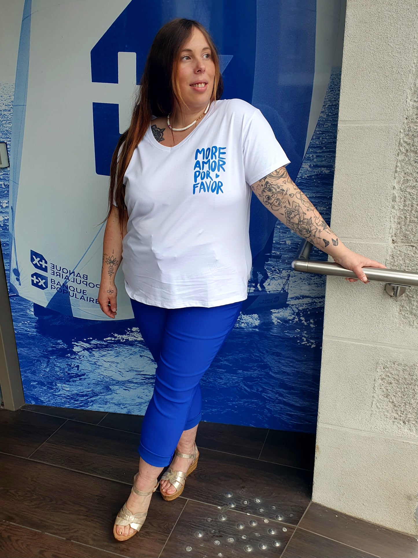 T-shirt more amor por favor blanc et bleu grande taille