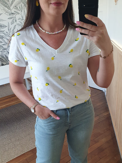 T-shirt citrons col en v femme coton made in italy