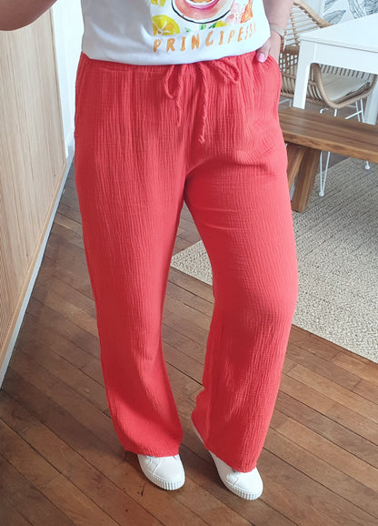 Pantalon gaze de coton couleur corail taille unique femme