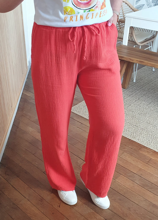 Pantalon gaze de coton couleur corail taille unique femme
