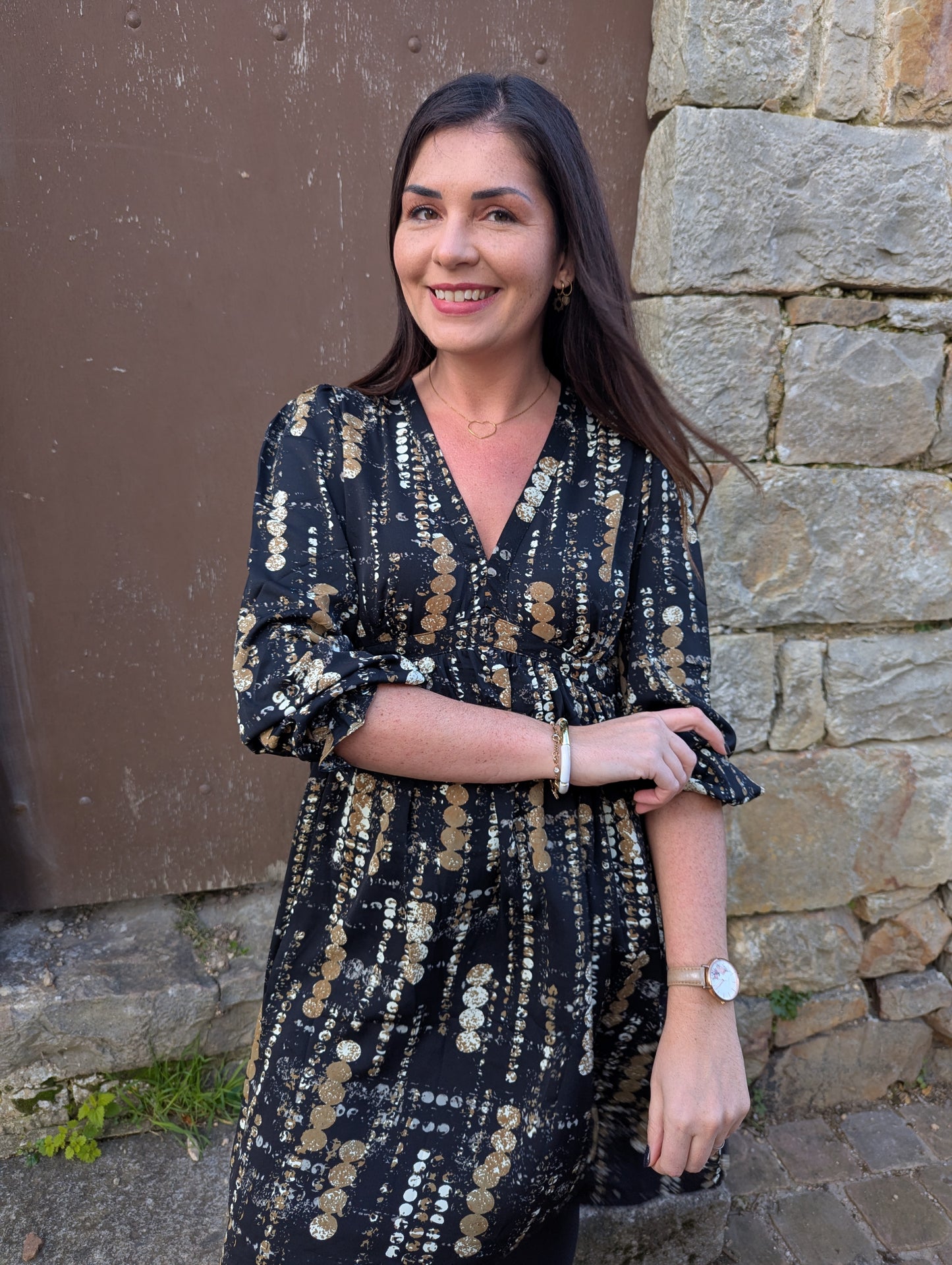 Robe de fêtes noir et beige camel manches longues